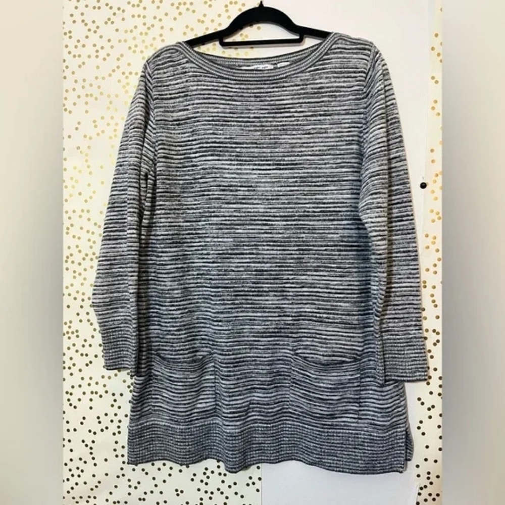 'Eight Eight Eight' Knit Sweater Dress w Pockets / Black Gray Stripe / Size XL